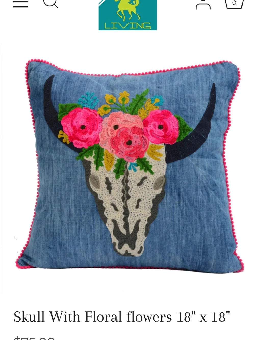 Set of 2 Embroidered Floral Skull Accent Pillow Covers in Blue with Pink Trim
